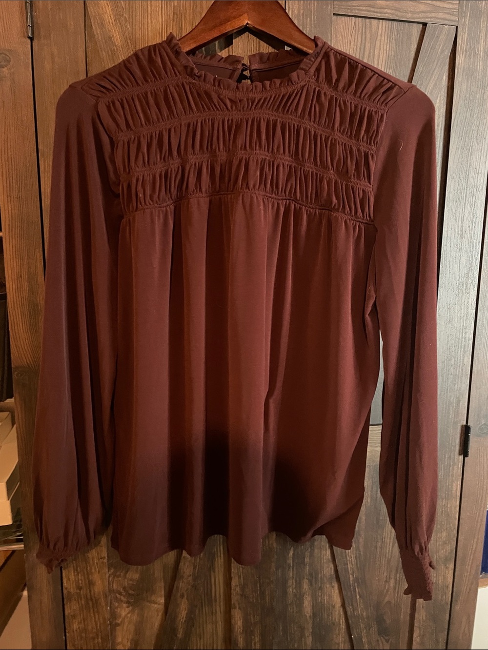 Maurices Smocked Yoke Long-Sleeve Blouse - Wine